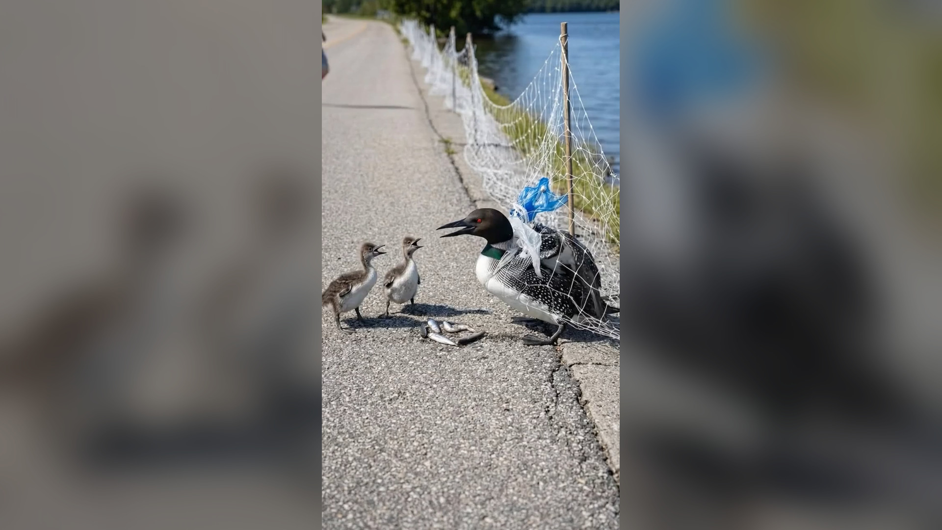 A2605094_The mother loon was trapped in a net on a lakeside road, exhausted and unable to escape… her two chicks stayed by her s