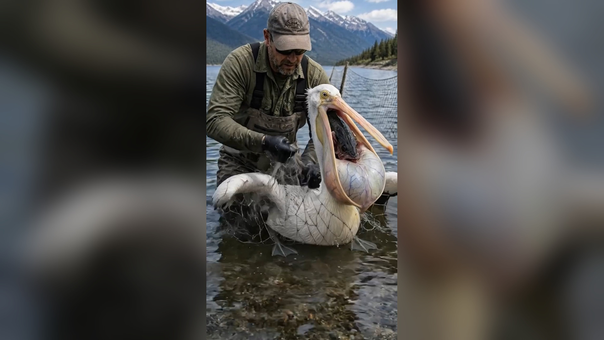 A2605061_In the middle of a quiet lake, a pelican was trapped in a net, exhausted and unable to escape… until a man arrived just