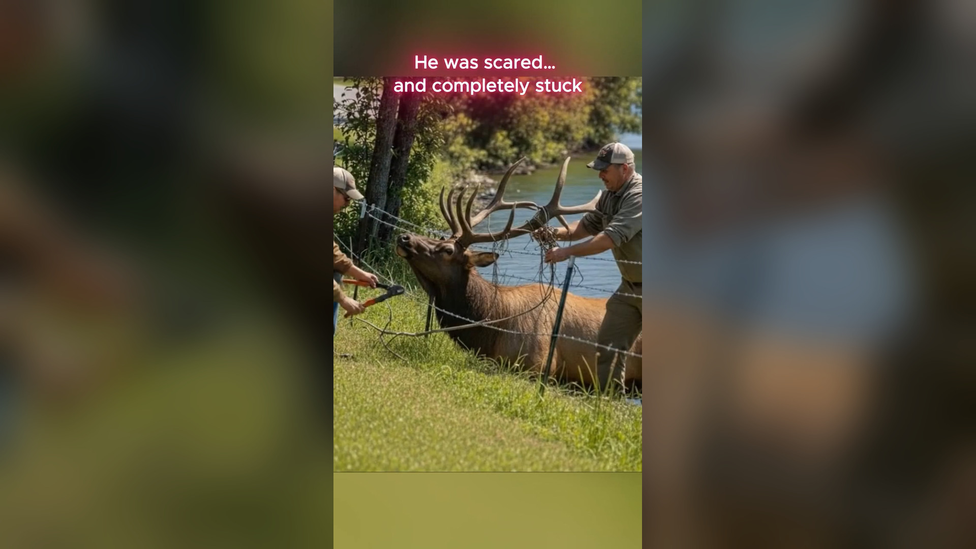 A2605047_An elk was trapped in a fence, panicking and unable to free itself. Thankfully, kind people arrived in time and rescued