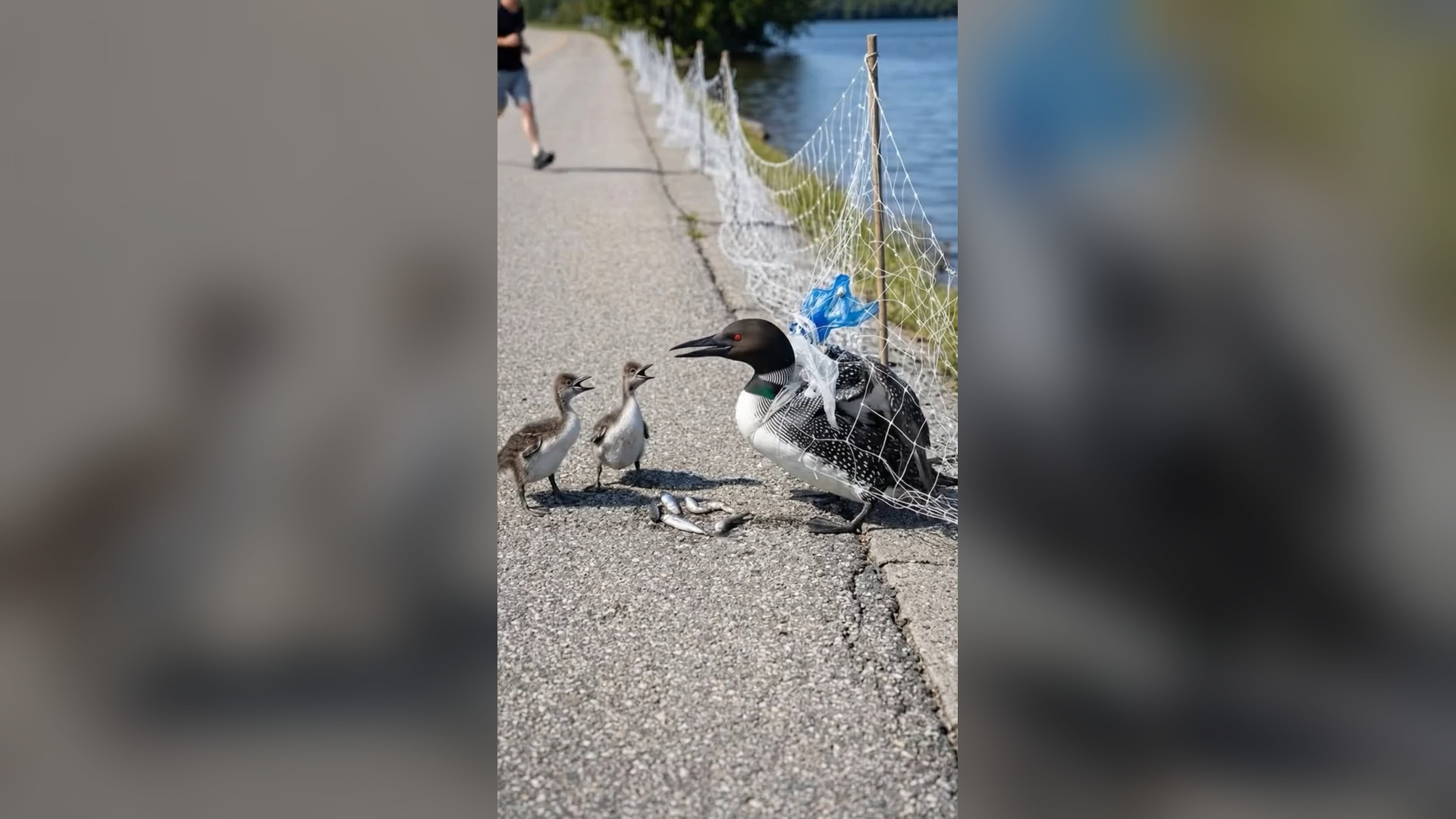 A2605094_The mother loon was trapped in a net on a lakeside road, exhausted and unable to escape… her two chicks stayed by her s